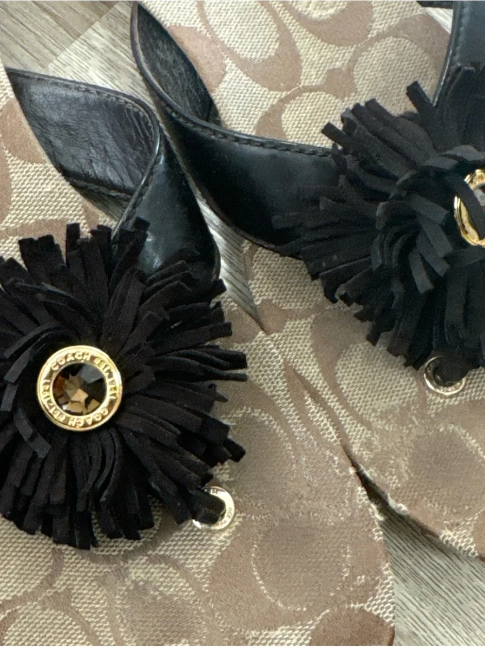Coach Tan Signature Monogram Slide Sandals with Black Flower Charm